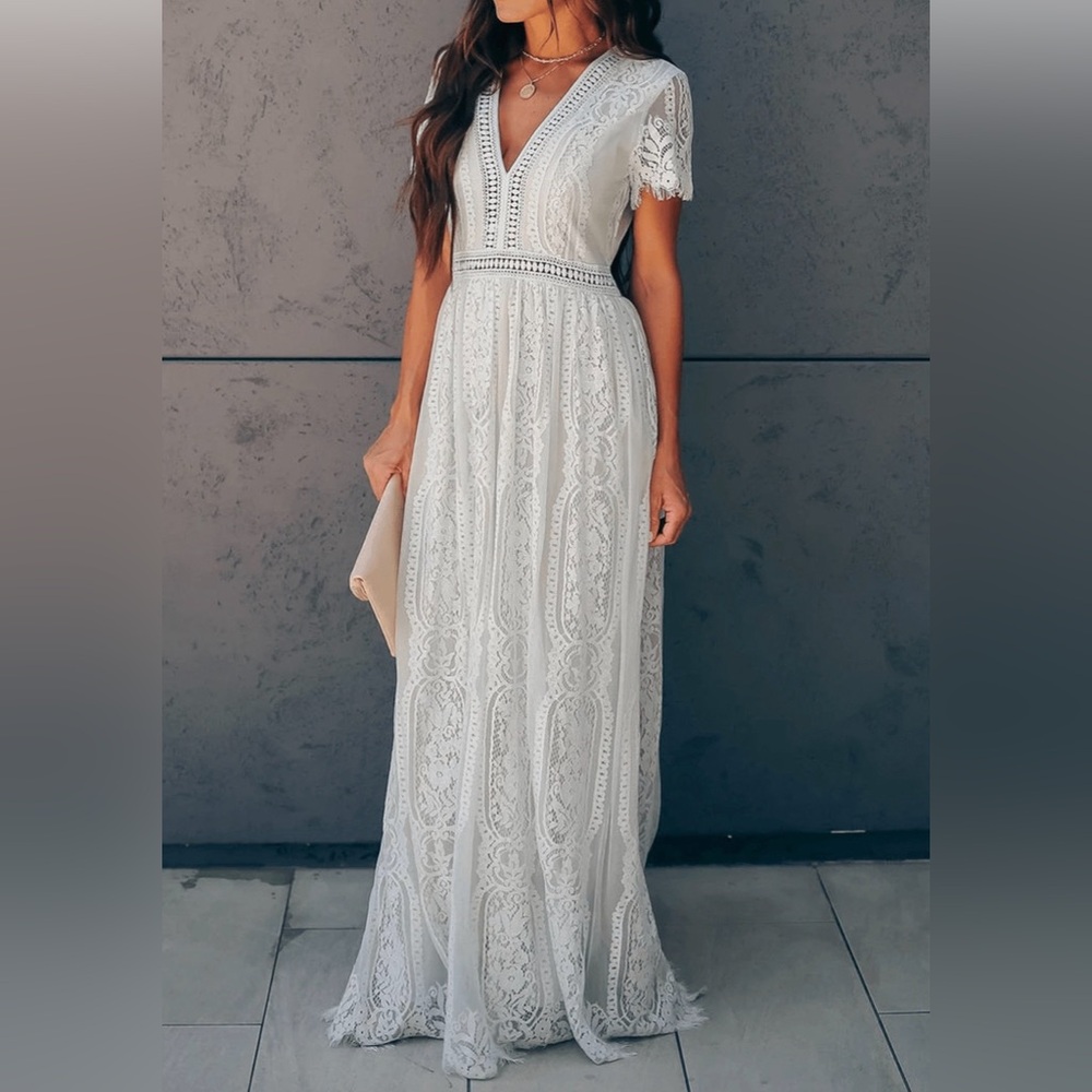 Fairsweety V-Neck Short Sleeve Wedding Dress - Size Large